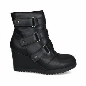 Vintage Khombu Edgy Black Leather Moto Wedge Sneakers